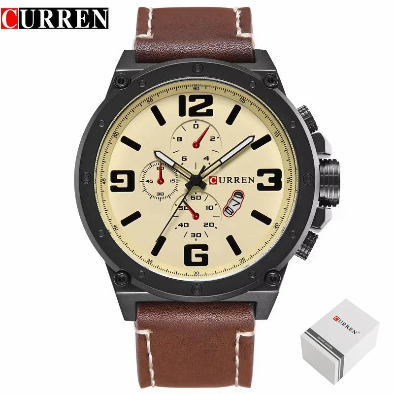 CURREN-Relógio Quartzo Masculino, Moda Exterior para atividades ao ar livre, Marrom, Preto, Pulseira de Couro, Relógio de Pulso, Presente Masculino, Cronógrafo Não Disponível.