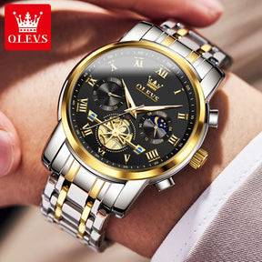 Relógio masculino OLEVS preto dourado com cronógrafo e fase da lua