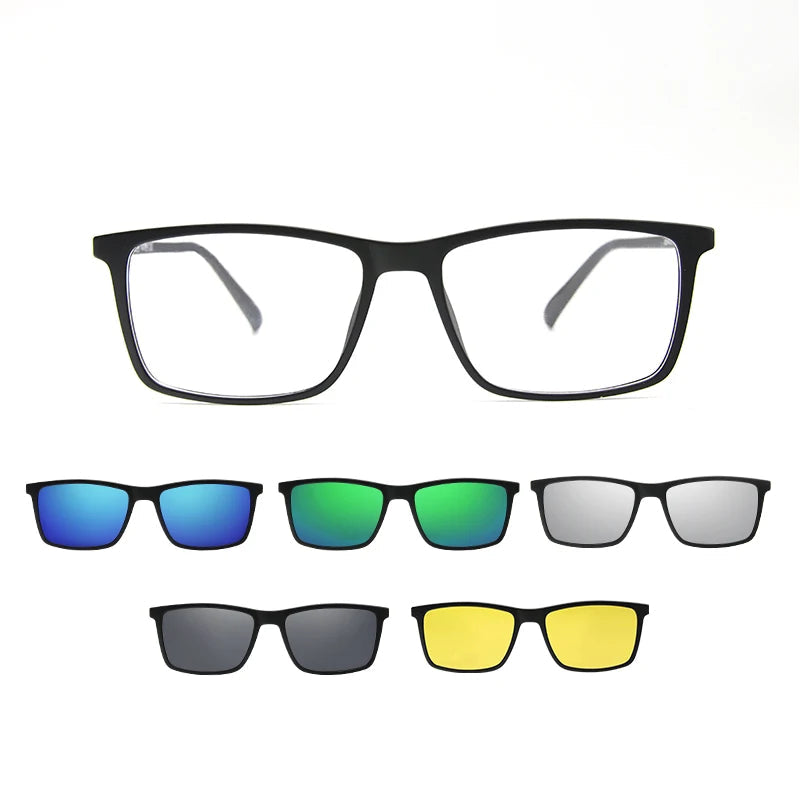 Kit de óculos masculino com 6 clipes magnéticos de lentes polarizadas e proteção blue ray
