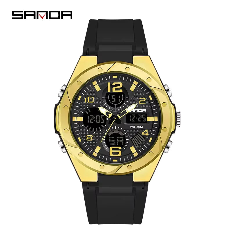 Relógio SANDA preto dourado com mostrador analógico-digital.