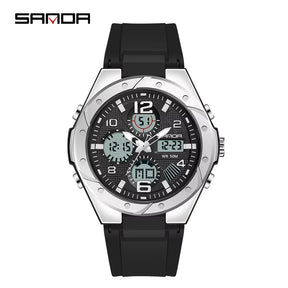 Relógio SANDA preto prateado com mostrador digital e pulseira silicone.