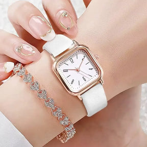 Relógio feminino minimalista com pulseira de couro branca e mostrador clean