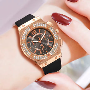 Relógio feminino preto luxo com cristais e pulseira rosa flor elegante.