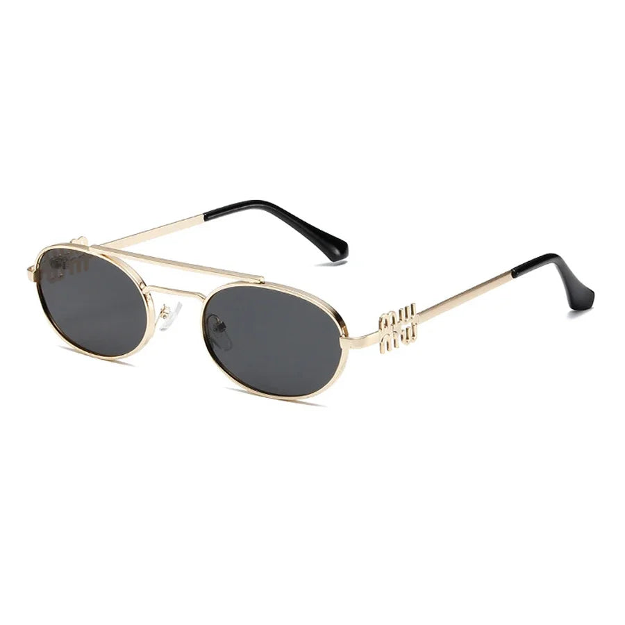 Óculos oval dourado feminino com armação metálica e lente escura UV400, estilo retrô minimalista

