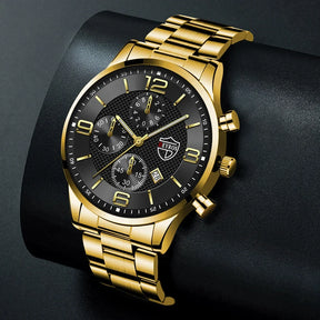 Relógio masculino DEYROS com pulseira dourada e mostrador preto elegante e sofisticado