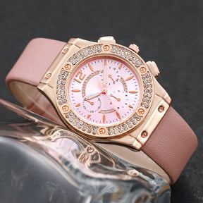 Relógio feminino rosa luxo com cristais e pulseira rosa flor charmosa.