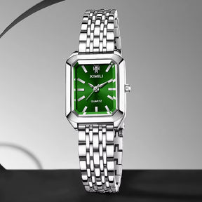 Relógio Ximili feminino verde prateado com mostrador verde e pulseira prateada
