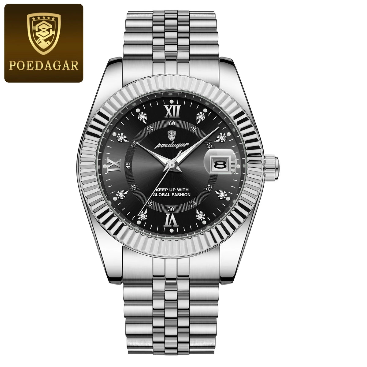 Relógio POEDAGAR prata com mostrador preto e pulseira inoxidável.