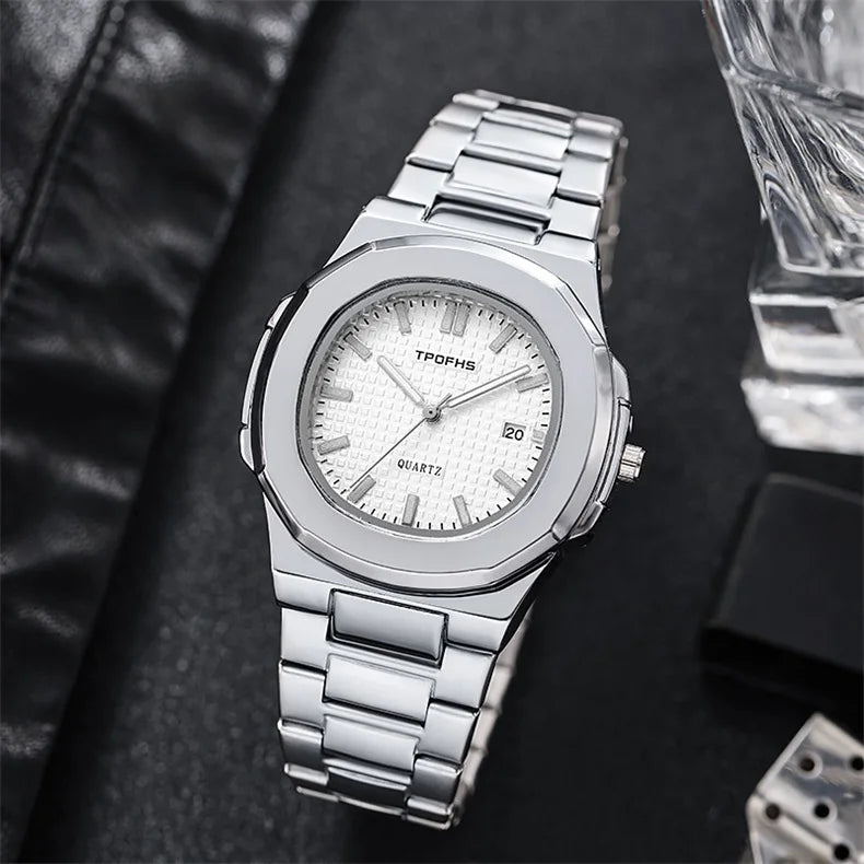 Relógio masculino aço inoxidável com mostrador branco e pulseira prateada.