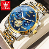 Relógio masculino OLEVS azul dourado com cronógrafo e fase da lua