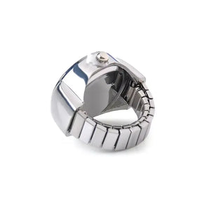 Anel-Relógio Quartzo Branco com mostrador claro e pulseira metálica ajustável