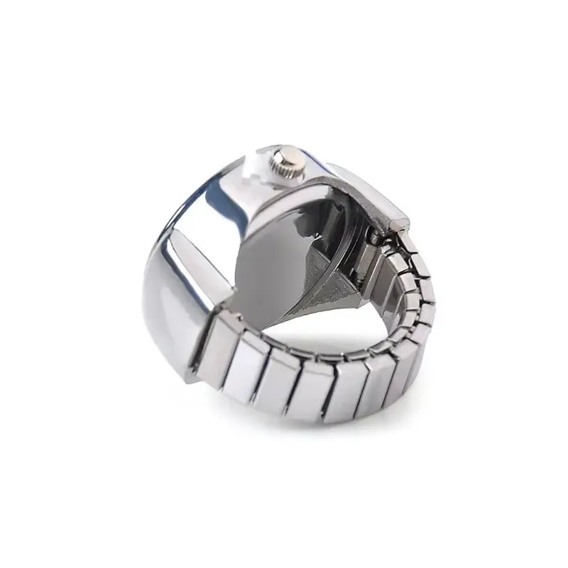 Anel-Relógio Quartzo Branco com mostrador claro e pulseira metálica ajustável