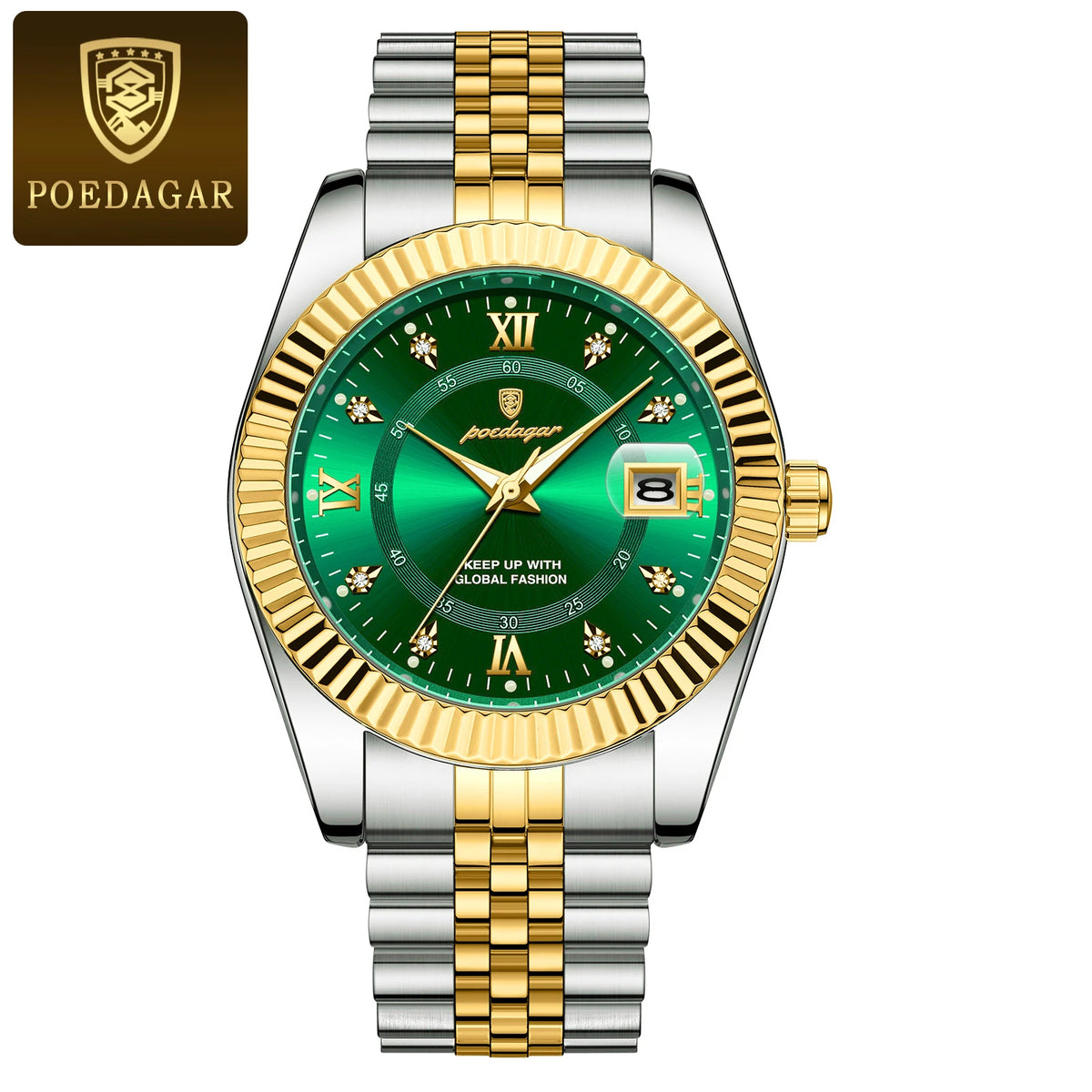 Relógio POEDAGAR dourado com mostrador verde e pulseira inoxidável.