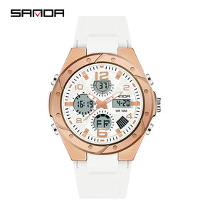 Relógio SANDA branco com mostrador digital e pulseira silicone.