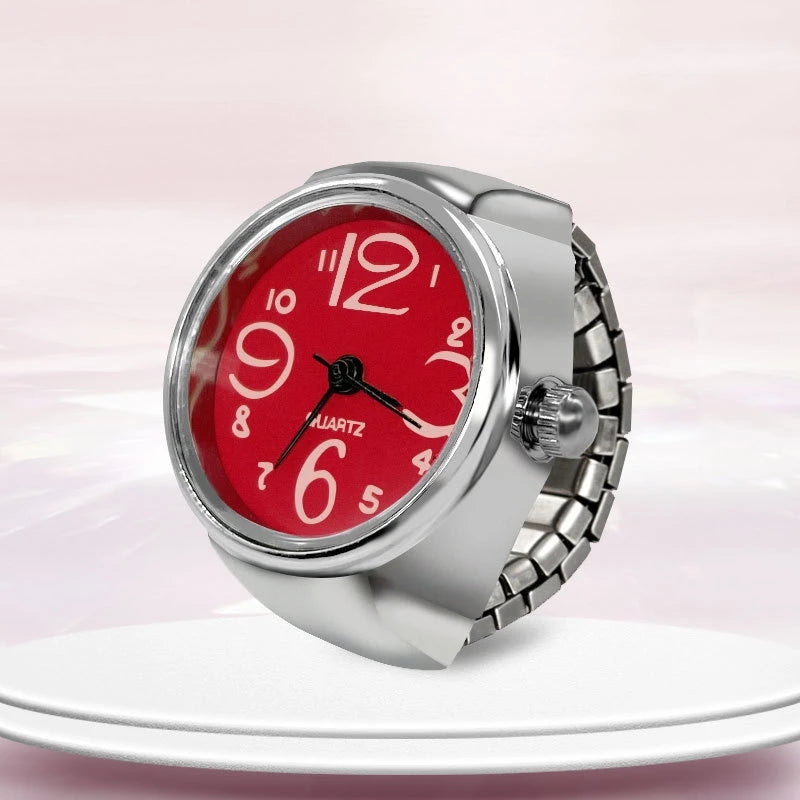Anel-Relógio Quartzo Vermelho com mostrador circular e pulseira prateada ajustável