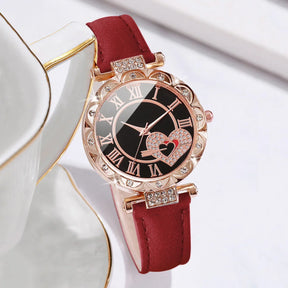 Relógio feminino Roma Coração com pulseiras vermelhas e douradas, elegante e moderno, perfeito para presentear.