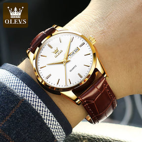 Relógio OLEVS Branco Dourado masculino com pulseira de couro