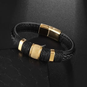 Pulseira masculina couro trançado com detalhe em aço inoxidável dourado