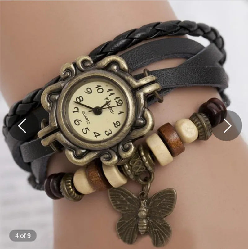 Relógio vintage preto feminino com couro trançado e pingente de borboleta