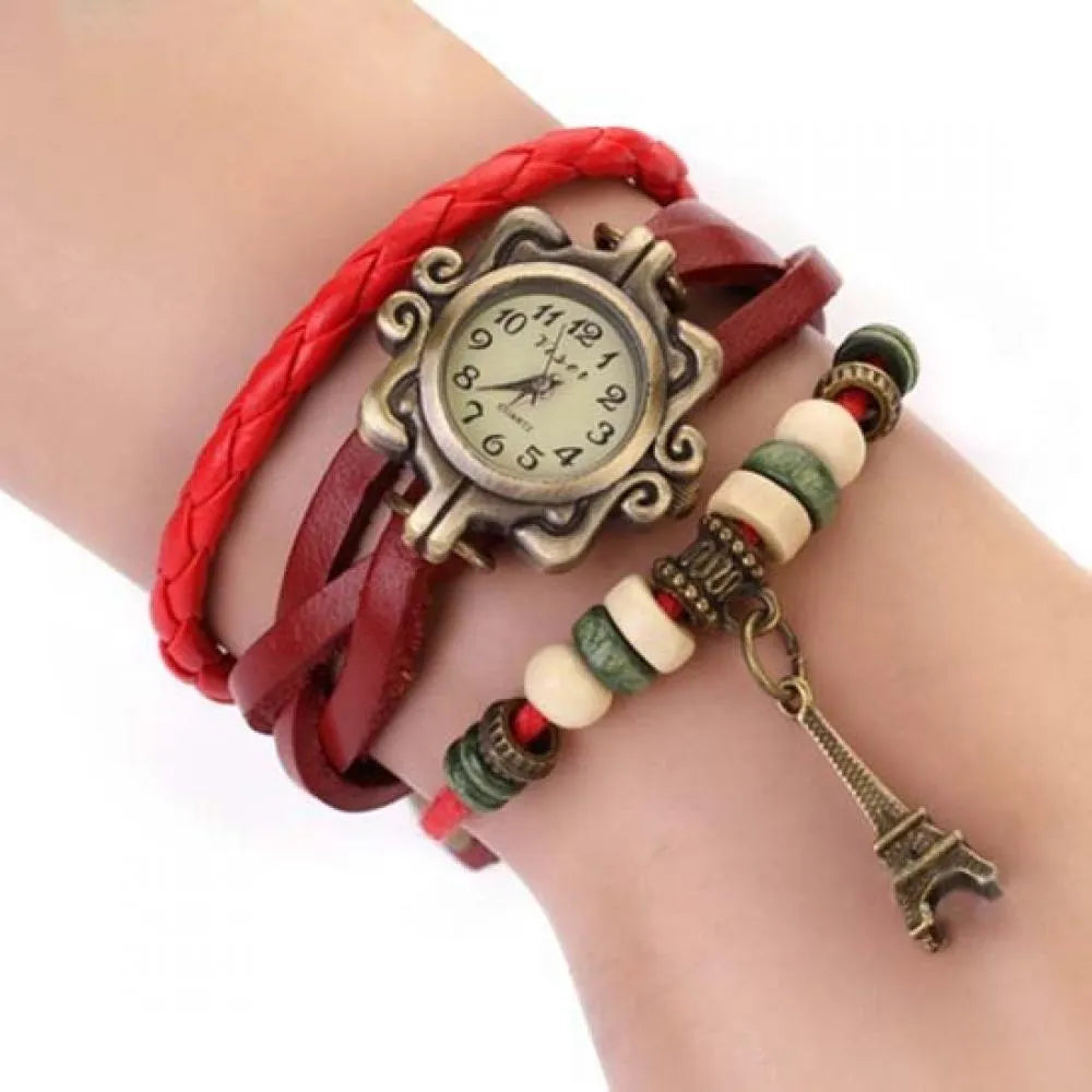 Relógio vintage vermelho com couro trançado e pingente borboleta feminino