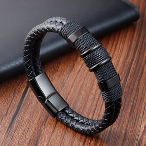 Pulseira masculina couro trançado com detalhe em aço inoxidável preto