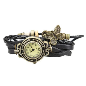 Relógio vintage preto feminino com couro trançado e pingente de borboleta