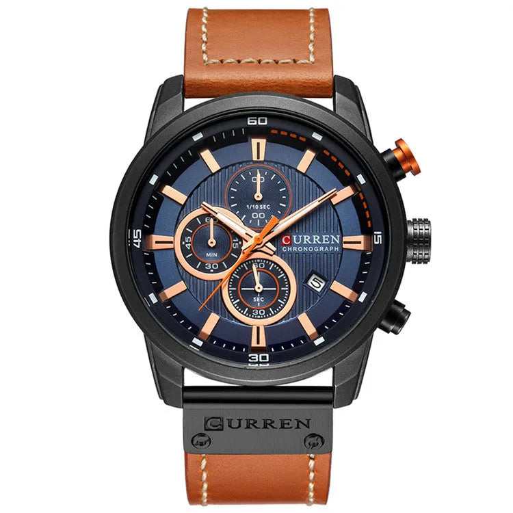 Relógio masculino Chronos com visor azul, cronógrafo e pulseira de couro marrom