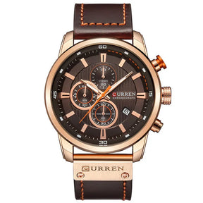 Relógio masculino Chronos com visor marrom, detalhes em dourado e pulseira de couro