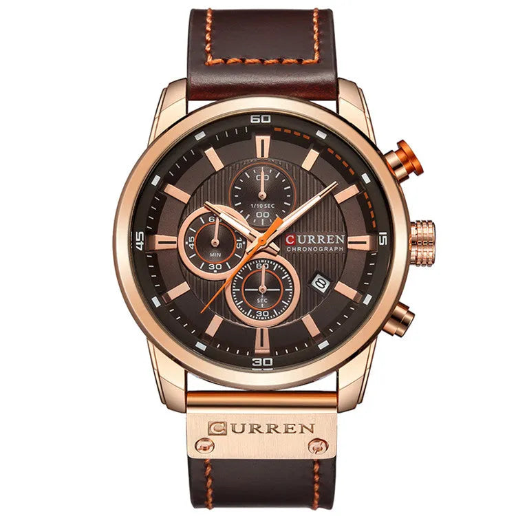 Relógio masculino Chronos com visor marrom, detalhes em dourado e pulseira de couro