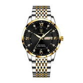 Relógio masculino visor preto com pulseira inox e detalhes em dourado