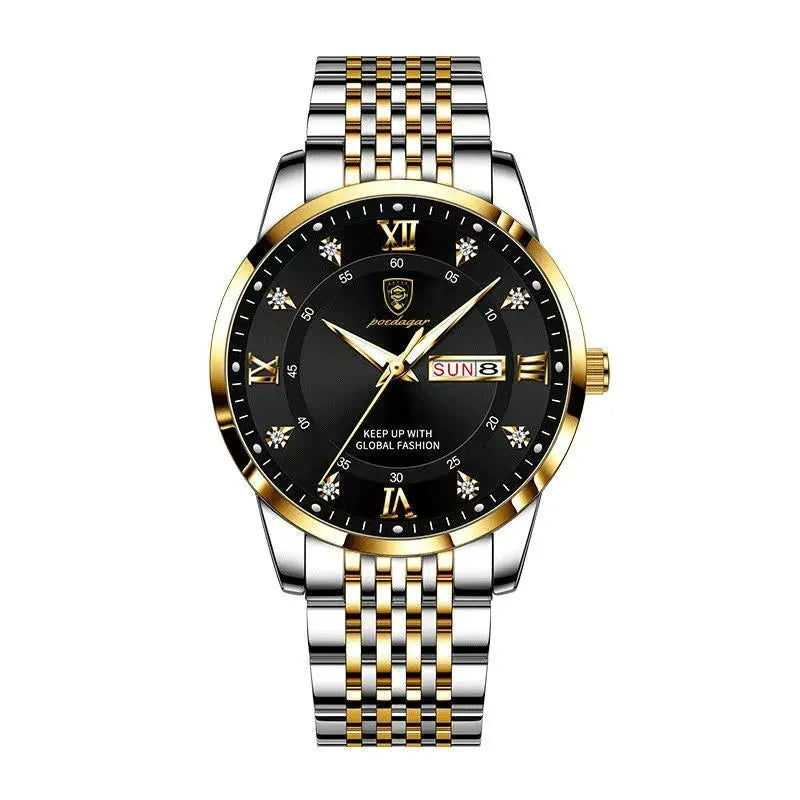 Relógio masculino visor preto com pulseira inox e detalhes em dourado