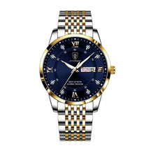 Relógio masculino visor azul com zircônias e pulseira de aço inoxidável
