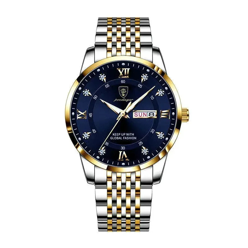 Relógio masculino visor azul com zircônias e pulseira de aço inoxidável
