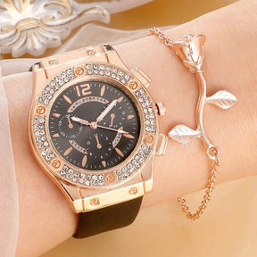 Relógio feminino preto luxo com cristais e pulseira rosa flor elegante.