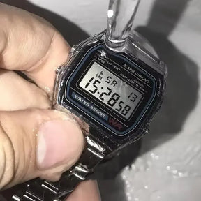 Relógio Clássico preto com pulseira de aço inoxidável e display LED.