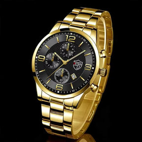 Relógio masculino DEYROS com pulseira dourada e mostrador preto elegante e sofisticado