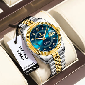Relógio POEDAGAR dourado com mostrador azul e pulseira inoxidável.