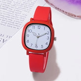Relógio feminino vermelho quadrado com pulseira silicone e mostrador clean