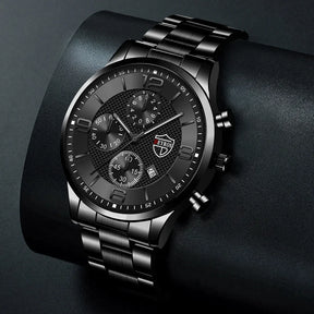 Relógio masculino preto DEYROS com pulseira de aço inoxidável e mostrador com calendário