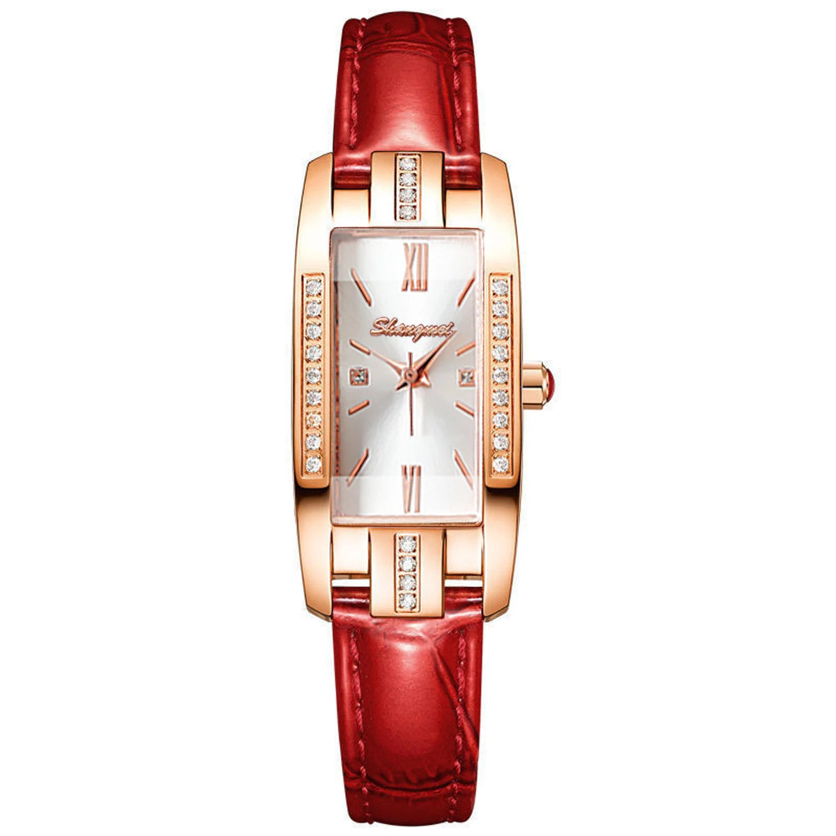 Relógio feminino vintage pulseira vermelha com mostrador branco e strass na caixa retangular.