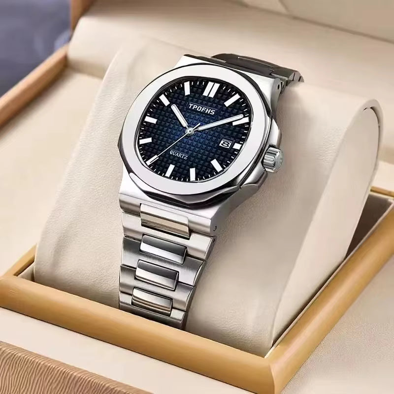Relógio masculino aço inoxidável com mostrador azul e pulseira prateada.