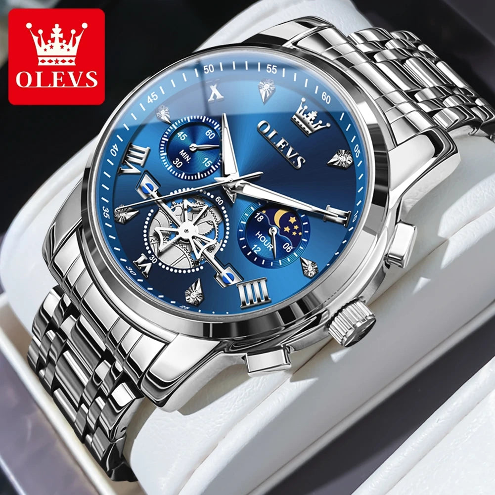 Relógio masculino OLEVS azul prateado com cronógrafo e fase da lua