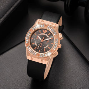 Relógio feminino preto luxo com cristais e pulseira rosa flor elegante.