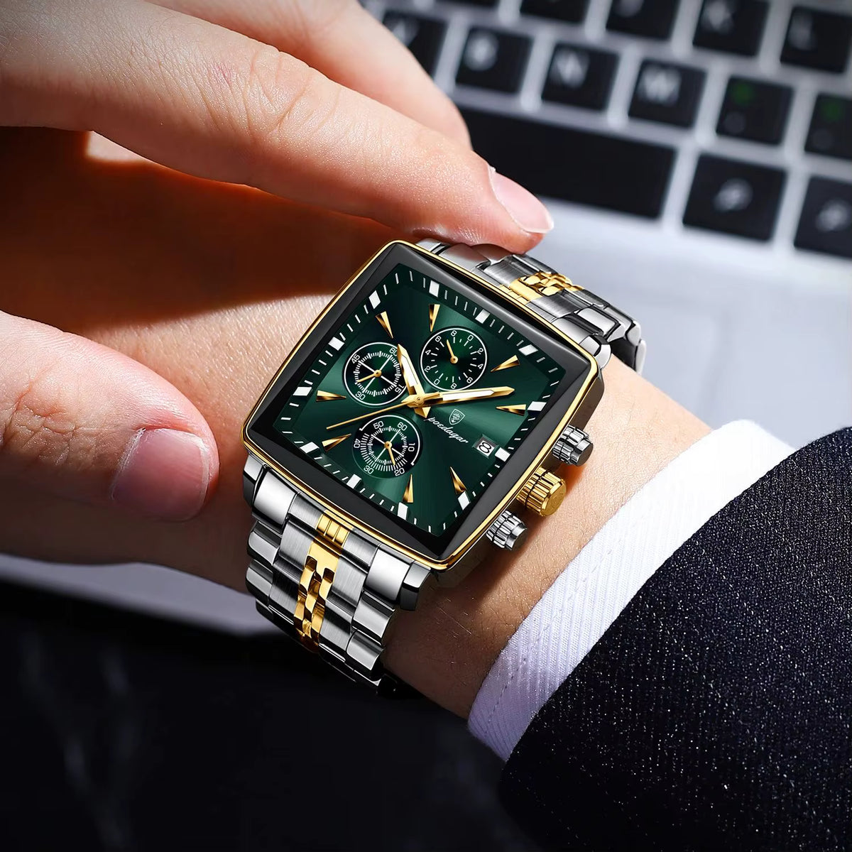 Relógio POEDAGAR masculino verde com detalhes dourados e pulseira inox