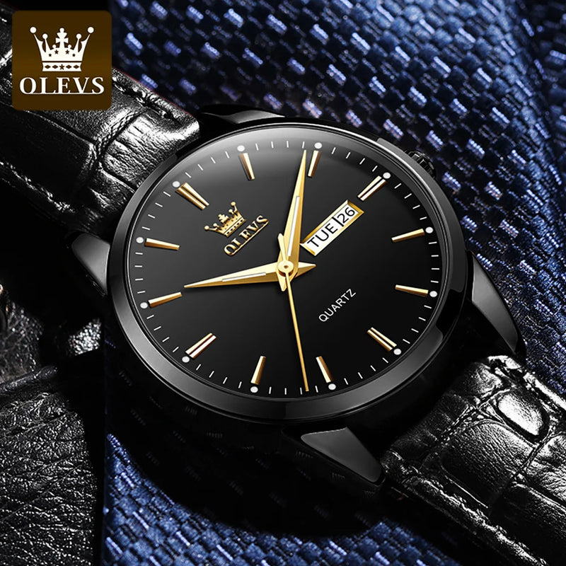 OLEVS-Relógio de pulso de quartzo impermeável clássico masculino, pulseira de couro, calendário, esportes, negócios, marca superior.