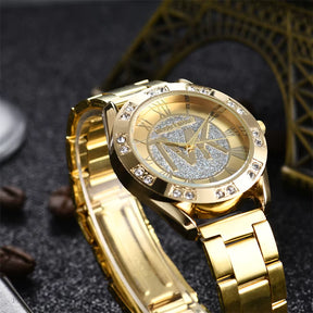 Relógio feminino luxo com cristais, pulseira de aço inoxidável.