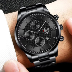 Relógio masculino preto DEYROS com pulseira de aço inoxidável e mostrador com calendário