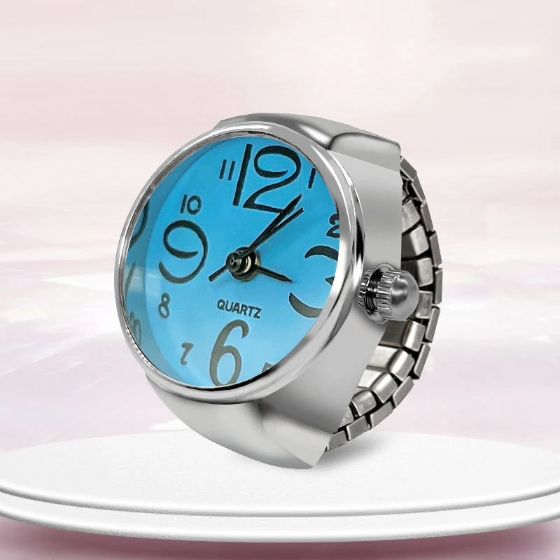 Anel-Relógio Quartzo Azul com mostrador minimalista e pulseira ajustável