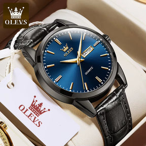Relógio OLEVS Preto Azul masculino com pulseira de couro