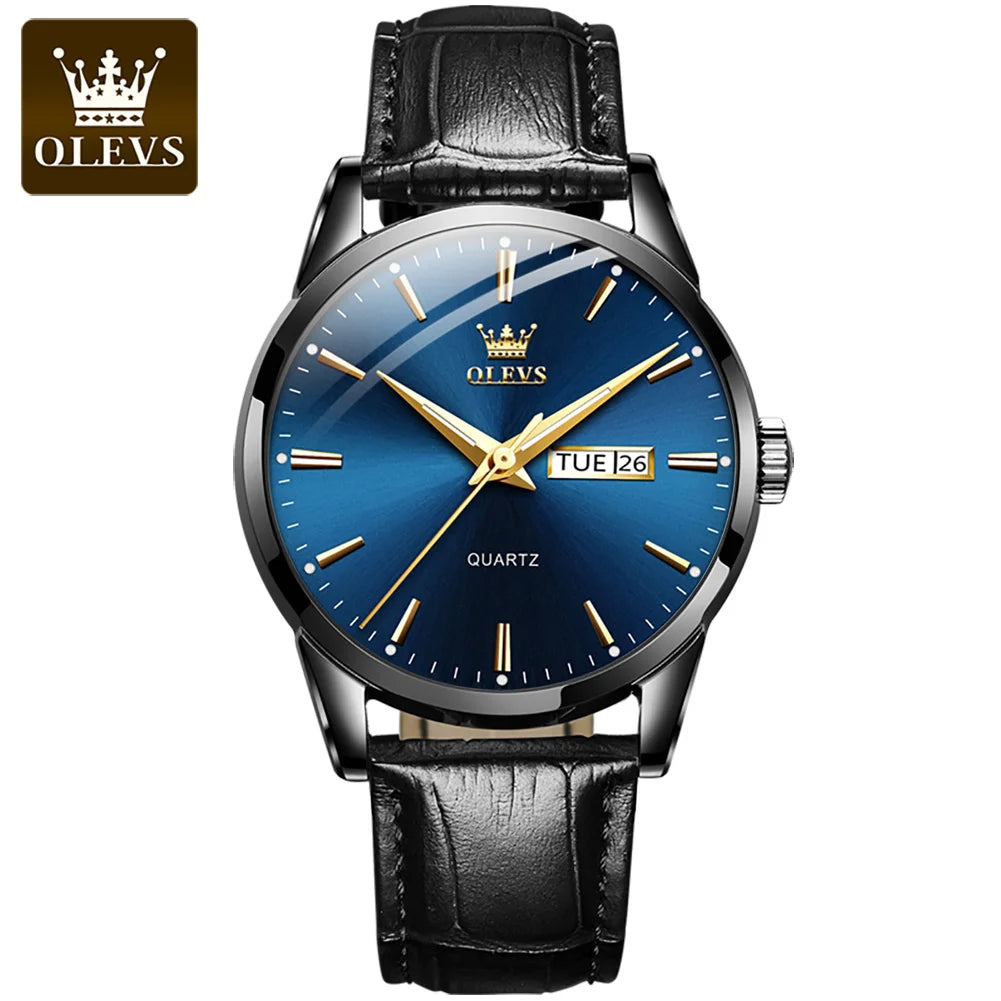 Relógio OLEVS Preto Azul masculino com pulseira de couro